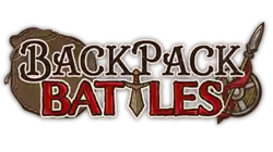 Backpack Battles logo where the second t is a sword facing down with a bag, a shield, and a spear in the background.