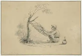 An illustration of a Sundanese Baduy man playing a calung by Jannes Theodorus Bik, c. 1816–1846 (this picture taken from the anthropological collection pictures of Rijksmuseum Amsterdam).
