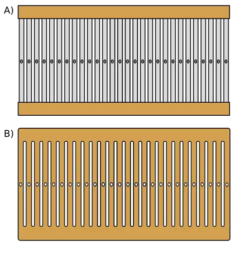 Two rectangular heddles; widthwise slots don't quite reach either long edge, and a row of small circular holes lies between the slots, along the lengthwise midline. One heddle is carved of solid wood, the other has metal strips, each with a hole in the center and the ends slotted into two lengthwise wooden bars.