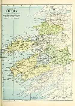 Barony map of County Kerry, 1900; Trughanacmy barony is in the east, coloured peach.