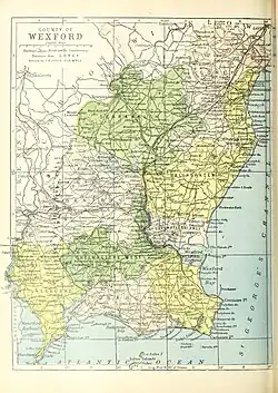 Barony map of County Wexford, 1900; Ballaghkeen North barony is in the east, coloured yellow.