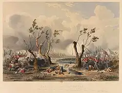 Battle of Chillianwallah. Charge of H M 24th Regiment through jungle and water, 13 January 1849.