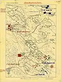 The situation at 12:30&nbsp;p.m. Red - the Austrian troops, Blue - the Hungarian troops.