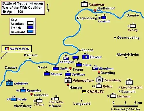 Battle of Teugen-Hausen, showing the attempt by Archduke Charles to cut off Marshal Davout