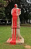 The monument to General Émile Storms covered in red paint in June 2020. The statue was removed in June 2022 by the municipality of Ixelles (Belgium).
