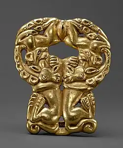 Belt buckle; 3rd-1st centuries BC; gold; height: 7.9 cm; Metropolitan Museum of Art[83]