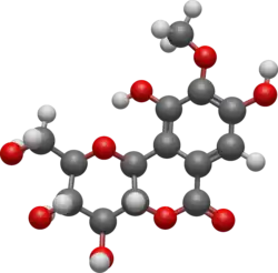 Chemical structure of bergenin in ball-and-stick format