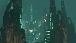 A cityscape under water, with buildings in a distinctive geometric Art Seco style.