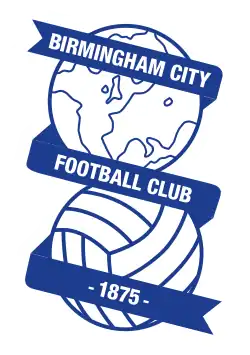 Badge of Birmingham City: a line-drawn globe above a football, with ribbon carrying the club name and year of foundation