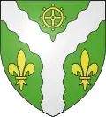 Arms of the town of Saint-Wandrille-Rançon: Vert, a pall wavy Argent accompanied in chief by one mill wheel Or and flanked by two fleurs-de-lys of the same.