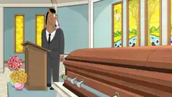 The animated TV character BoJack Horseman (voiced by Will Arnett) stands behind a podium at a funeral parlor, looking at a closed casket.
