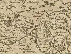 Detail from the Duchy of Brabant including the Bouchout Barony (Bochout). This copper etching was produced by Peter Verbist in 1628. The Bochout domain is 7 miles to the north of Brussels (to the right), while the homeland of the founding fathers, the Craaynhem family, is about 5 miles to the east (below).