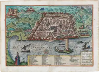 Map depicting the walled city of Algiers in 1576