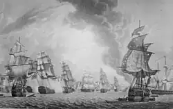 Sea scene. On the proper right three sailing ships with tattered sails and twisted masts are in group, smoke billowing from their sides. On the proper left are two more ships in a similar condition. Other ships are less distinct in the background and in the centre of the background is a large fort with cannon emplacements.