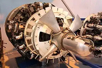 A Bristol Hercules bare engine cutaway display. The engine was 50&nbsp;inches (1.3&nbsp;m) in diameter.