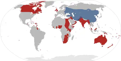 A map of the British and Mongol empires at their respective greatest extents