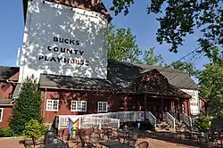 A springtime photo of the Bucks County Playhouse by the Delaware River, in the shadows of trees, displaying a progress pride flag by the entrance.