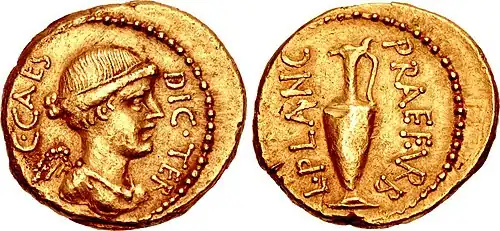 Issue minted by Caesar, 45 BC. The obverse depicts Victory.