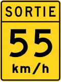 Exit recommended speed sign in Quebec; Anglophone signs read EXIT or RAMP