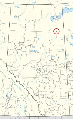 A map of the province of Alberta showing 80 counties and 145 small Indian reserves. One is highlighted with a red circle.