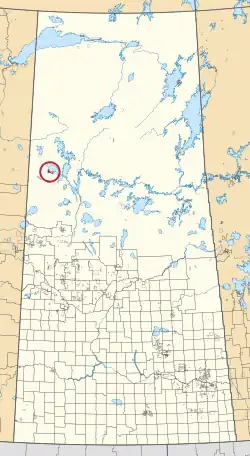 A map of the province of Saskatchewan showing 297 rural municipalities and hundreds of small Indian reserves. One is highlighted with a red circle.