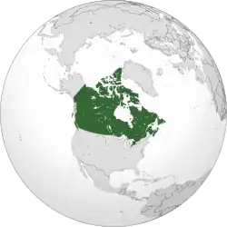 A projection of North America with Canada highlighted in green