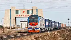 Freight train arriving at Alashankou railway station
