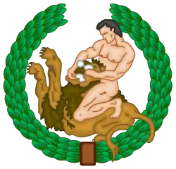 Emblem of the CNT, featuring Hercules wrestling the Nemean Lion within a laurel wreath