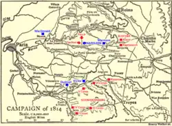 Black and yellow map of the Campaign of 1814 in 1:2,000,000 scale with troop positions added