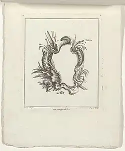 Cartouche from the Second Livre de Cartouches, an example of asymmetry; c.1710–1772; engraving on paper; 23 x 19.8&nbsp;cm; Rijksmuseum, Amsterdam, the Netherlands