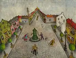 Naive painting depicting a cobbled square lined with colourful houses and animated by small characters