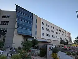 A five-story modern hospital tower building