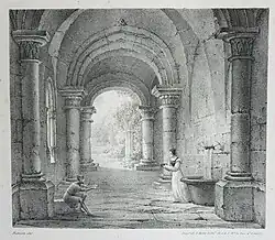 Maid offering water to a knight, lithograph by C. Motte from a drawing by Renoux