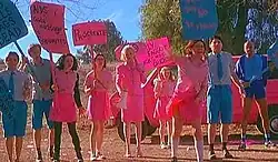 Three young women and three young men stand in a line, with an older woman and man. The women wear vivid pink skirts and tops and the men wear vivid blue shorts and shirts. They hold placards, also in bright blue and pink, including "Silly Faggots; Dicks are for Chicks" and "Procreate". One young woman, without a placard, throws a rock in front of her.