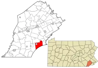 Location of Kennett Township in Chester County, Pennsylvania (left) and of Chester County in Pennsylvania (right)