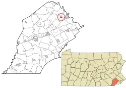 Location of Kimberton in Chester County, Pennsylvania (top) and of Chester County in Pennsylvania (below)