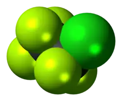 Space-filling model of the chloropentafluoroethane molecule
