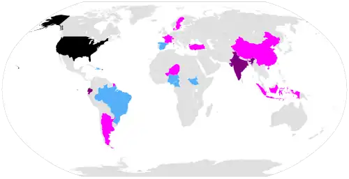 A line-drawing of a world map with the United States and Puerto Rico in black; Ecuador and India in violet; Brazil, the Dominican Republic, Haiti, Nigeria, and Sudan in cyan; and Argentina, mainland China, Denmark, France, Indonesia, Niger, Sweden, Switzerland, and Turkey in magenta.