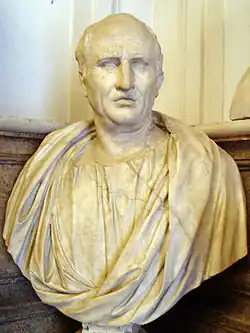 Roman marble bust of an elderly man, wearing a toga