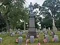 View of Civil War graves at Mt Olivet Cemetery guarded by a statue of a union soldier