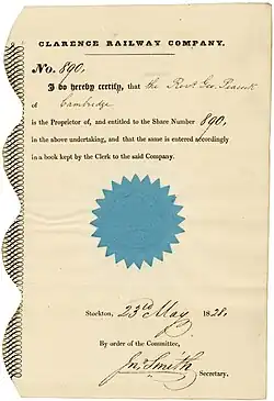 Founder's share of Clarence Railway Company, issued 23 May 1828 in Stockton