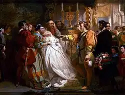 "Claudio, deceived by Don John, accuses Hero"—scene from Much Ado About Nothing, painted by Marcus Stone