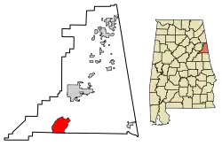 Location of Hollis Crossroads in Cleburne County, Alabama.