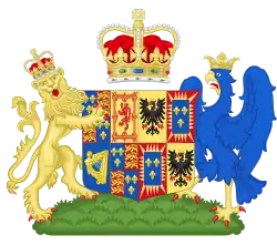 A heraldic shield emblazoned with the emblems of France, Scotland, England, Ireland and the House of Este.