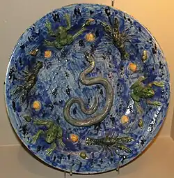 Rare Nevers "Rustic ware" dish, in the style of Bernard Palissy, 1599, by Agostino Conrade