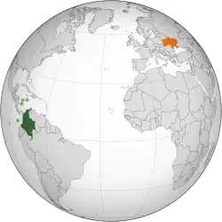 Map indicating locations of Colombia and Ukraine