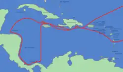 Map of the Caribbean, including portions of Central and South America, showing destinations visited by Christopher Columbus during his fourth and final voyage to the New World.