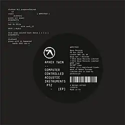 A grey background featuring white monospace text in the upper-left corner and a black circle slightly off centre to the right. Inside the circle a white logo is visible and "Aphex Twin - - Computer Controlled Acoustic Instruments pt2" is written in a block white monospace typeface; to the right of the white text, a barcode is visible as well as other miscellaneous text.