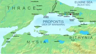 Geophysical map of the Marmara Sea and the surrounding coasts with major settlements