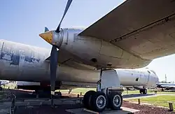 The 4-wheel bogie of a retired RB-36H is pictured from the outboard side.